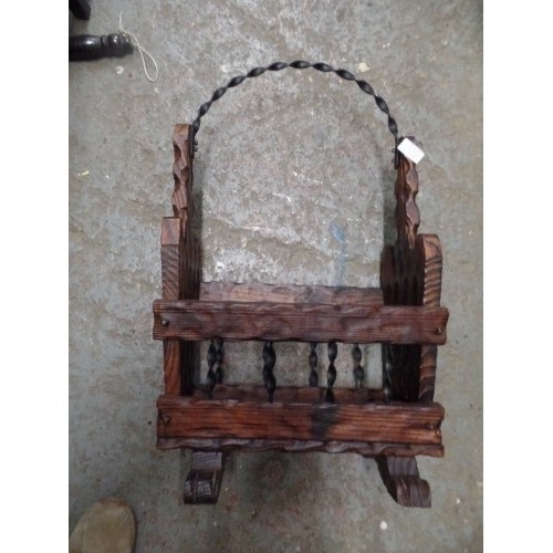 116 - ATTRACTIVE RUSTIC WOODEN & TWISTED WROUGHT IRON MAGAZINE RACK.