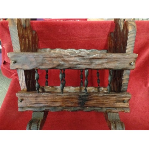 116 - ATTRACTIVE RUSTIC WOODEN & TWISTED WROUGHT IRON MAGAZINE RACK.