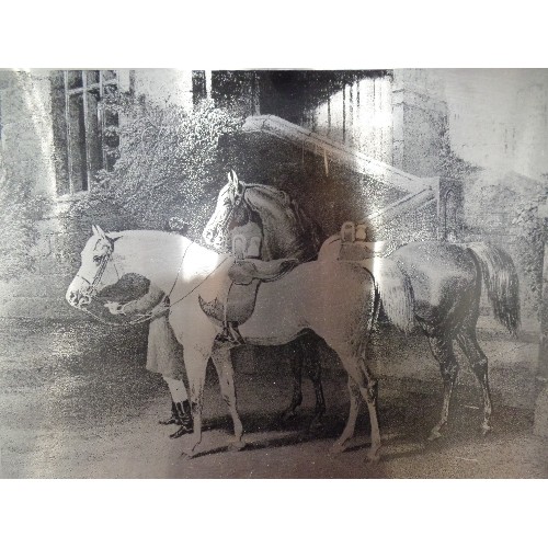 193 - ETCHED METAL PICTURE TITLED 'THE QUEENS HORSES' ON BOARD BACKING.