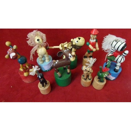 133 - COLLECTION OF 9 X VINTAGE WOODEN PUSH-PUPPETS, INC PINOCCHIO, A LION, ZEBRA ETC ETC.