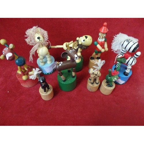 133 - COLLECTION OF 9 X VINTAGE WOODEN PUSH-PUPPETS, INC PINOCCHIO, A LION, ZEBRA ETC ETC.