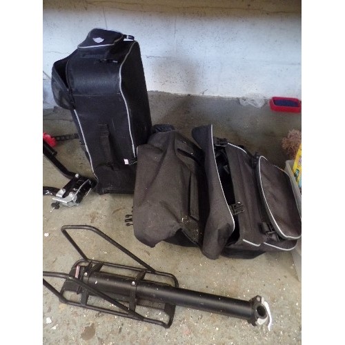 142 - CYCLING/BIKE ITEMS & EQUIPMENT. NEW. REAR RACK, PANNIERS, RACK TOP BAG, 3 HELMETS, SMALL POUCHES, 2 ... 