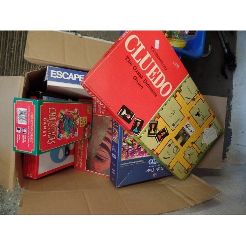 144 - LARGE BOX OF BOARD GAMES, INC CLUEDO, ESCAPE FROM COLDITZ, SNAP SHOUTS ETC ETC.