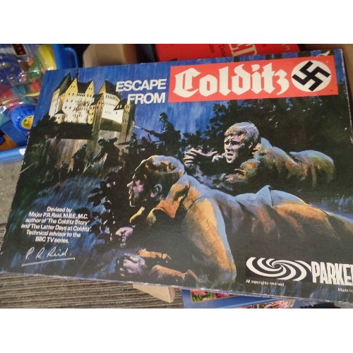 144 - LARGE BOX OF BOARD GAMES, INC CLUEDO, ESCAPE FROM COLDITZ, SNAP SHOUTS ETC ETC.