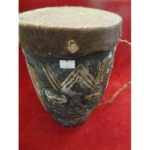 159 - AFRICAN DRUM, WITH NAIVE FACE DECORATION, AND HIDE DRUM.