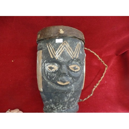 159 - AFRICAN DRUM, WITH NAIVE FACE DECORATION, AND HIDE DRUM.