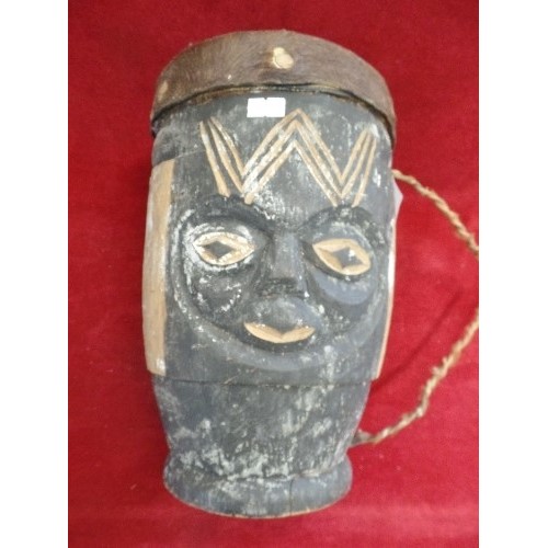 159 - AFRICAN DRUM, WITH NAIVE FACE DECORATION, AND HIDE DRUM.