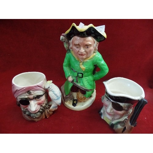 160 - MUSICAL TOBY JUG PIRATE WITH PARROT ON SHOULDER, TOGETHER WITH FURTHER VINTAGE PIRATE TOBY JUGS, A D... 