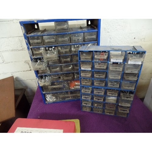 171 - MINIATURE WORKSHOP MULTI-DRAWER CHESTS X 2, CONTAINING QUANTITY OF NAILS, SCREWS, HOOKS ETC ETC