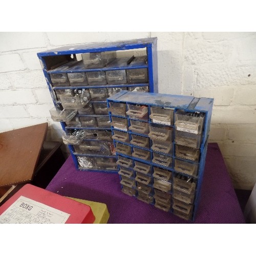 171 - MINIATURE WORKSHOP MULTI-DRAWER CHESTS X 2, CONTAINING QUANTITY OF NAILS, SCREWS, HOOKS ETC ETC