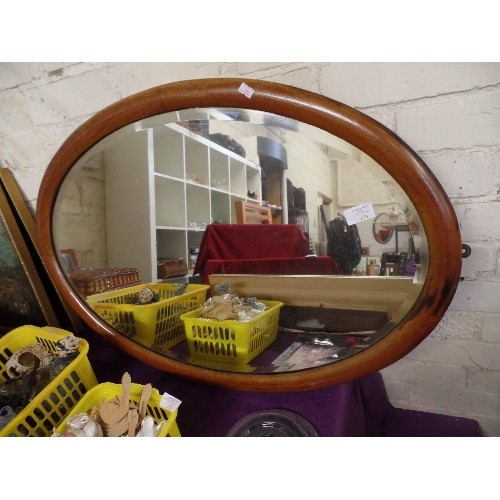 173 - LARGE VINTAGE OVAL WALL MIRROR. BEVELLED GLASS, INLAID FRAME.