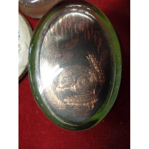 180 - PAPERWEIGHTS. 2 X ETCHED COPPER OVAL WITH FIELD MICE DETAIL, AND A CIRCULAR WITH SPARKLY FLOWER DESI... 