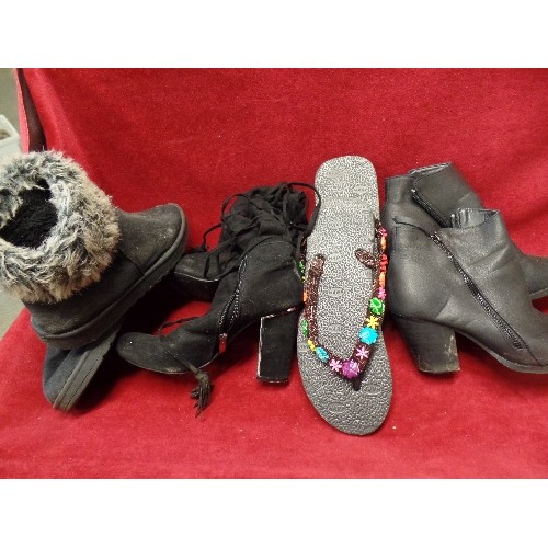 196 - BLACK ANKLE BOOTS X 3 PAIRS[SIZE 3] AND PRETTY FLIP-FLOPS.