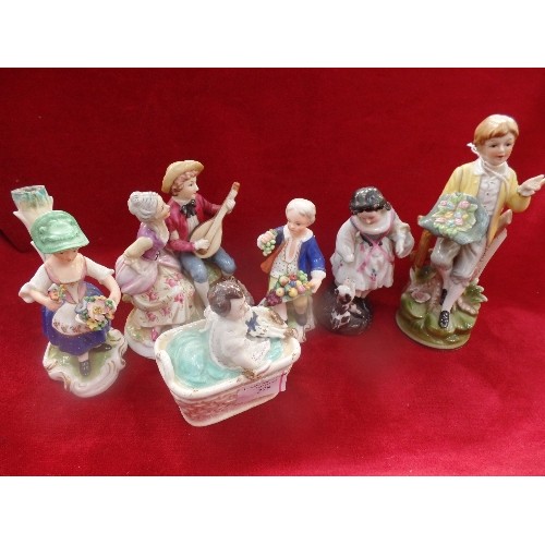 3 - 6 X GERMAN / CONTINENTAL PORCELAIN FIGURES INCLUDING A VICTORIAN FAIRRING TYPE BOX, DEPICTING A CHIL... 