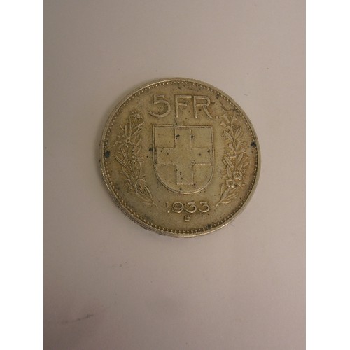 6 - SILVER COIN 5 SWISS FRANCS 1933 V/F