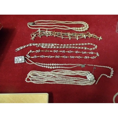 24 - 3 SIMULATED PEARL NECKLACES WITH GOLD METAL AND PEARL NECKLACES AND CROSS NECKLACE