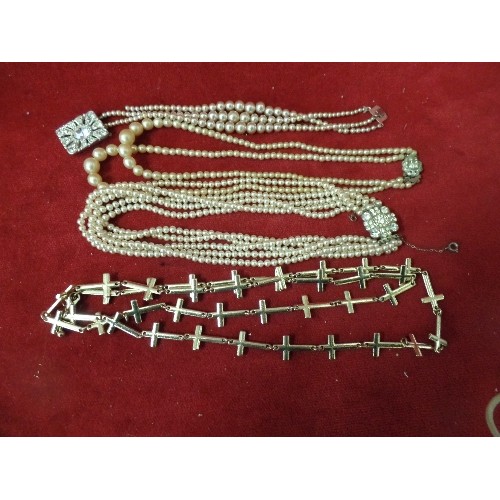 24 - 3 SIMULATED PEARL NECKLACES WITH GOLD METAL AND PEARL NECKLACES AND CROSS NECKLACE