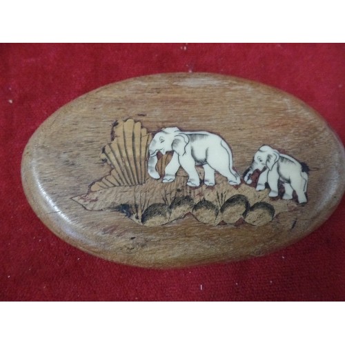 35 - VINTAGE INLAID ELEPHANT WALL PLAQUE WITH CELLULOID ELEPHANTS