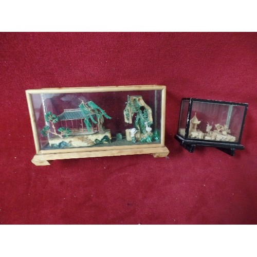 36 - CHINESE CORK AND BAMBOO LAKE SCENE AND A GLASS AND BAMBOO CASE CHINESE HAND CARVED SCULPTURE ART