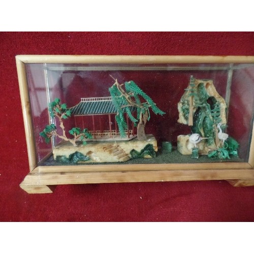 36 - CHINESE CORK AND BAMBOO LAKE SCENE AND A GLASS AND BAMBOO CASE CHINESE HAND CARVED SCULPTURE ART