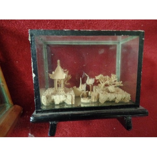 36 - CHINESE CORK AND BAMBOO LAKE SCENE AND A GLASS AND BAMBOO CASE CHINESE HAND CARVED SCULPTURE ART