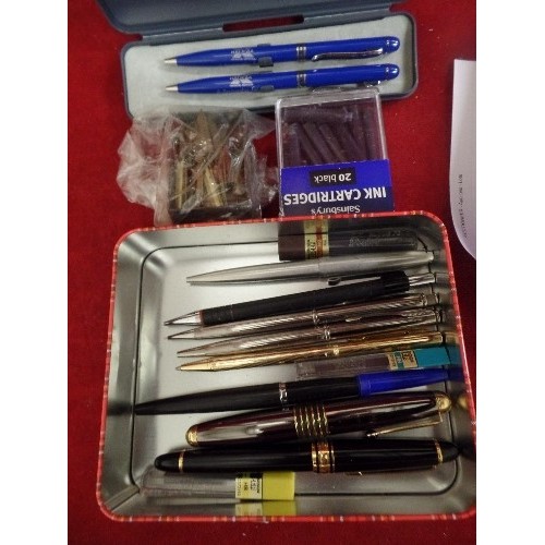 40 - BOX OF PENS - IRIDIUM POINT FOUNTAIN PEN, PARKER PROPELLING PENCIL AND MATCHING PEN , FOUNTAIN PEN N... 