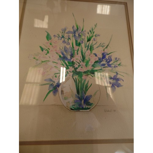 156 - FRAMED AND GLAZED WATERCOLOUR OF FLOWERS IN GLASS VASE SIGNED RICHARD 88 AND 3 PRINTS OF FLOWERS