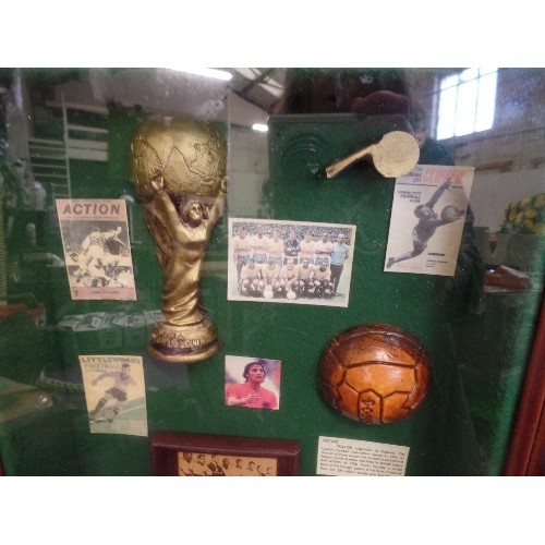 88 - FOOTBALL/SOCCER INTEREST. BOX FRAME CONTAINING DECORATIVE REPLICA ITEMS INC 'THE WORLD CUP' A FOOTBA... 