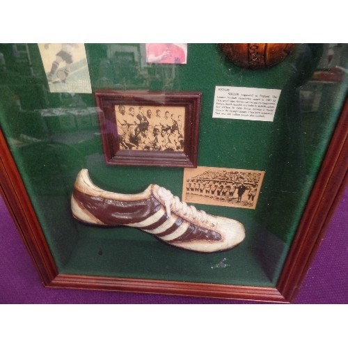 88 - FOOTBALL/SOCCER INTEREST. BOX FRAME CONTAINING DECORATIVE REPLICA ITEMS INC 'THE WORLD CUP' A FOOTBA... 