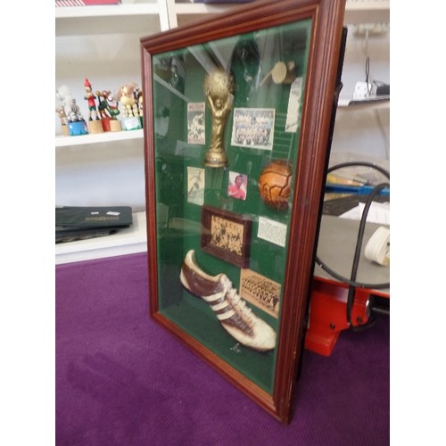 88 - FOOTBALL/SOCCER INTEREST. BOX FRAME CONTAINING DECORATIVE REPLICA ITEMS INC 'THE WORLD CUP' A FOOTBA... 