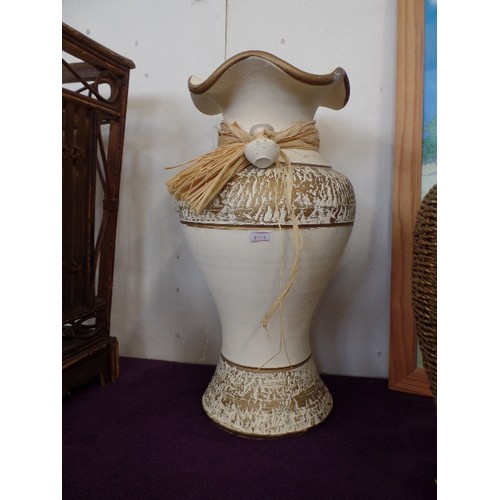 111 - 2 LARGE DECORATIVE VASES, ONE IS BASKET COVERED, THE OTHER IS CREAM/GOLD WITH RAFFIA COLLAR.