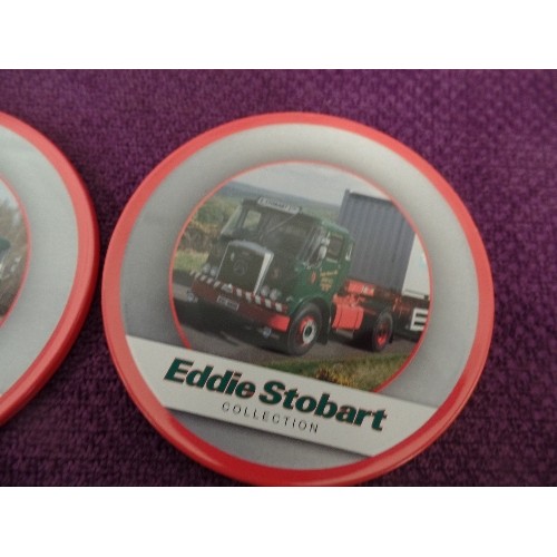 119 - EDDIE STOBART COLLECTION. COASTERS IN A TIN, AND A PEN WALLET.