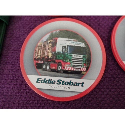 119 - EDDIE STOBART COLLECTION. COASTERS IN A TIN, AND A PEN WALLET.