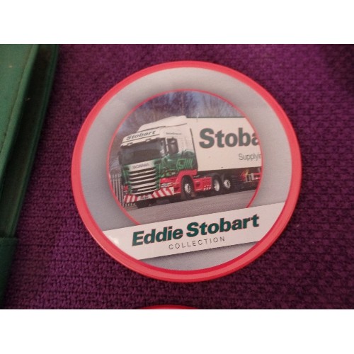 119 - EDDIE STOBART COLLECTION. COASTERS IN A TIN, AND A PEN WALLET.