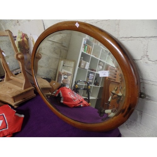 168 - LARGE VINTAGE OVAL WALL MIRROR. BEVELLED GLASS, INLAID FRAME.