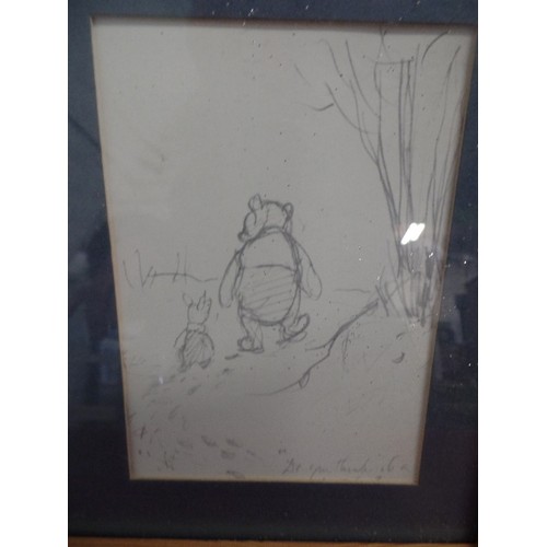 233 - LOVELY TRYPTICH OF WINNIE THE POOH AND FRIENDS. PINE FRAME. DRAWINGS.