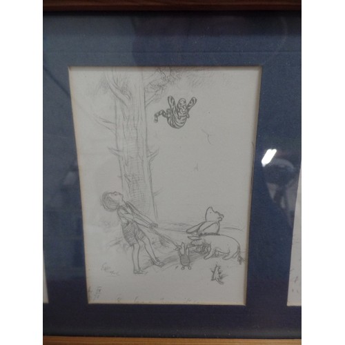 233 - LOVELY TRYPTICH OF WINNIE THE POOH AND FRIENDS. PINE FRAME. DRAWINGS.