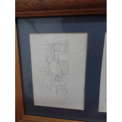 233 - LOVELY TRYPTICH OF WINNIE THE POOH AND FRIENDS. PINE FRAME. DRAWINGS.