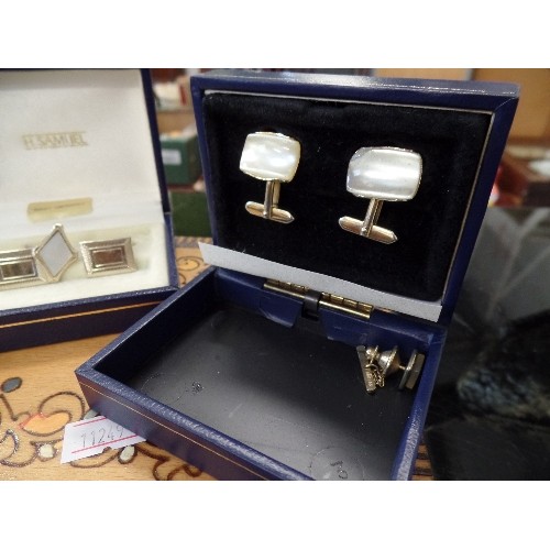 267 - CUFF-LINKS SETS, INCLUDING ENGLAND FLAG, TIE CLIP ETC, CONTAINED IN A DECORATED WOODEN BOX.