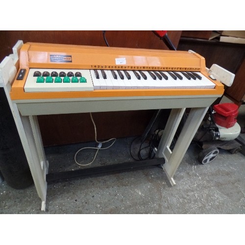 352 - VERY RETRO HOLLANDIA DELUXE CORD ORGAN, IN BRIGHT ORANGE AND CREAM. ON STAND.