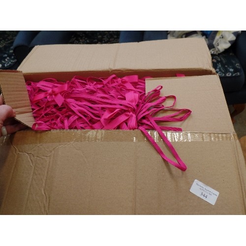 344 - LARGE QUANTITY OF BRAND-NEW RIBBONS AND BOWS, CONTAINED IN 5 BOXES. CERISE, APPLE GREEN, BROWN, STRI... 