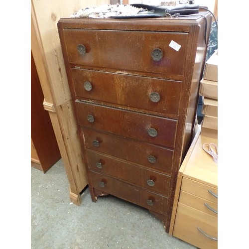 345 - MID-CENTURY TALL 6 DRAWER CHEST WITH DECO DETAIL MOULDING. 60CM W.