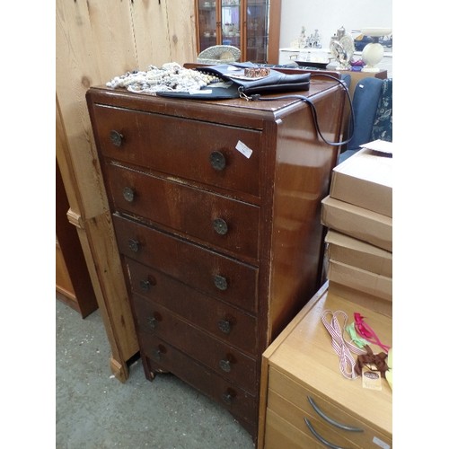 345 - MID-CENTURY TALL 6 DRAWER CHEST WITH DECO DETAIL MOULDING. 60CM W.