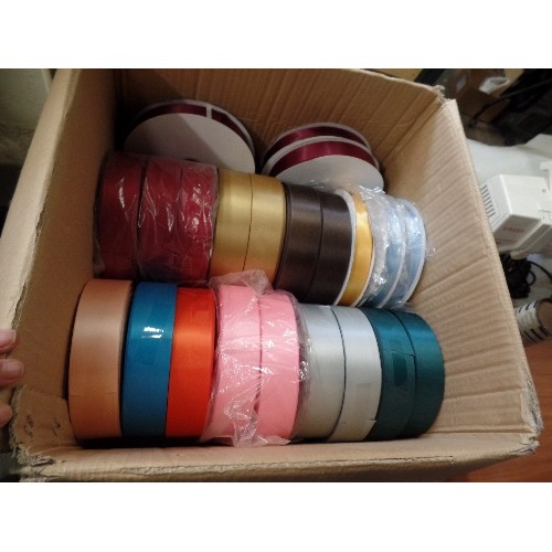 355 - BOX OF 22 BRAND-NEW/PACKAGED- LARGE RIBBON REELS. 4CM & 3CM WIDE SATIN RIBBON IN BRIGHT COLOURS.