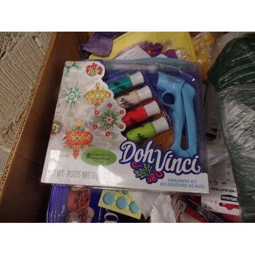 143 - MIXED LOT, MANY NEW/PACKAGED. INCLUDES PLAYDOH ITEMS, ALKALINE BATTERIES, BIODEGRADEABLE DOGGY POOP ... 