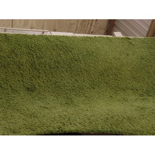 152 - A VERY LARGE 'GRASS-GREEN' RUG. TOGETHER WITH A SLIGHTLY SMALLER MATCHING ONE. GOOD CLEAN CONDITION.