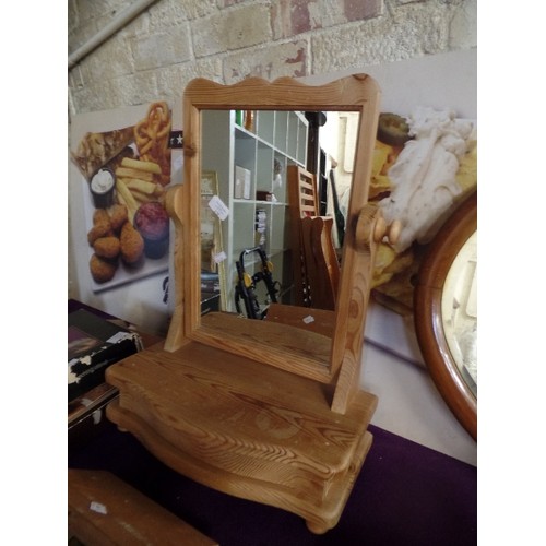 170 - PINE TOILET MIRROR, CHEVAL STYLE. DRAWER WITHIN BASE. MISSING A SMALL BACK LEG.