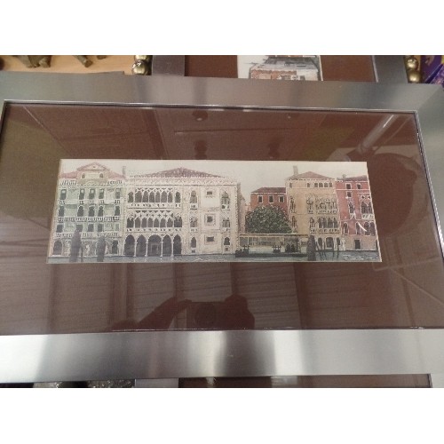 215 - 3 CONTEMPORARY PRINTS OF VENICE. FROM CROFT DESIGN STUDIO. IN BRUSHED SILVER GLAZED FRAMES.