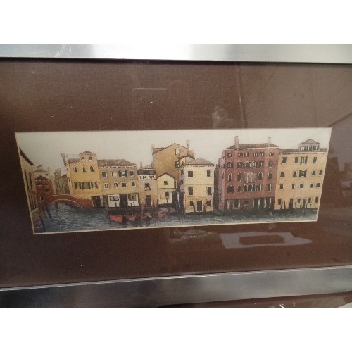 215 - 3 CONTEMPORARY PRINTS OF VENICE. FROM CROFT DESIGN STUDIO. IN BRUSHED SILVER GLAZED FRAMES.