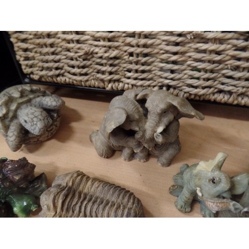 216 - CERAMIC/RESIN ELEPHANTS, DINOSAURS, TURTLES.